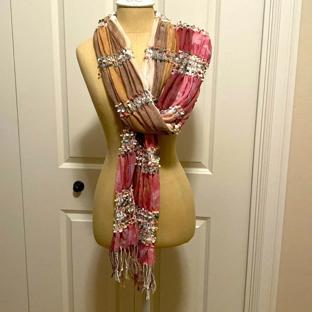 Bohemian Water Color Scarf & Wrap OS Womens puckered gathered fringe Pom poms